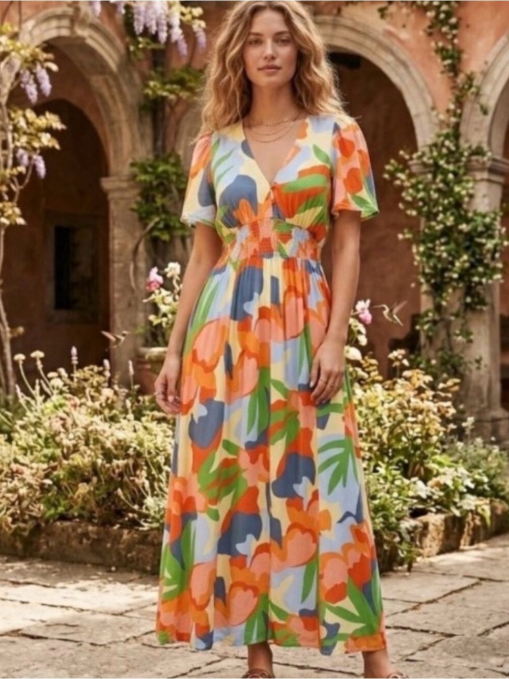 Abel The Label Anthropologie Hilda V-neck Floral Flutter Sleeves Maxi xs